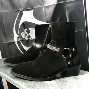 Black Suede Leather Heeled Harness Boots (Saint Laurent Style)